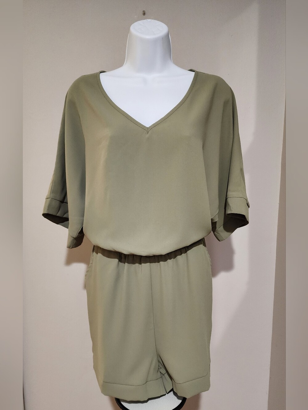 Army Green V-Neck Blouson Romper Pockets XL M7K076